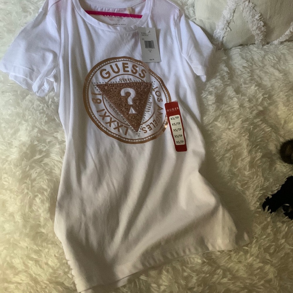 guess white tee gold writing